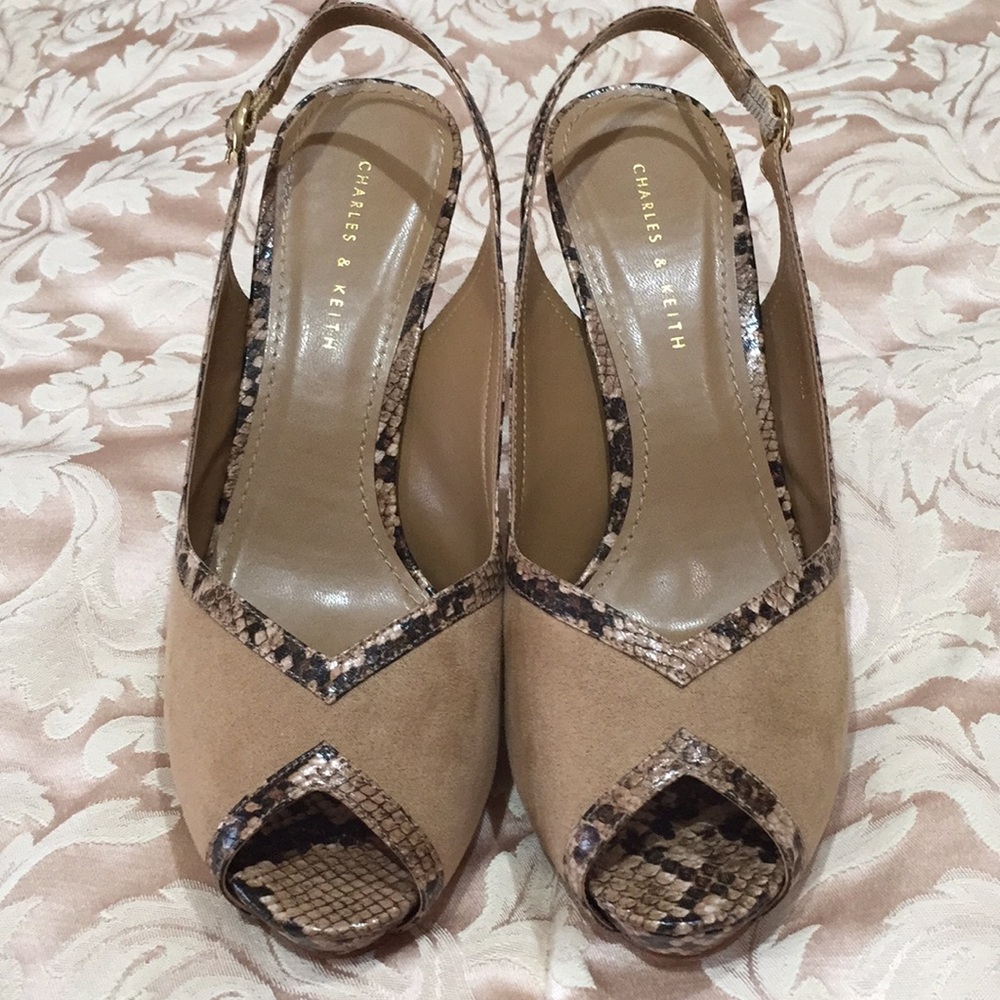 Tan and brown snake skin heels